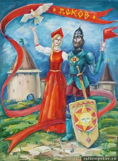 Князь Тимофей Довмонт и княгиня Мария (Маша Панова, 15 лет), бумага, гуашь. Преподаватель - О. Цветков.