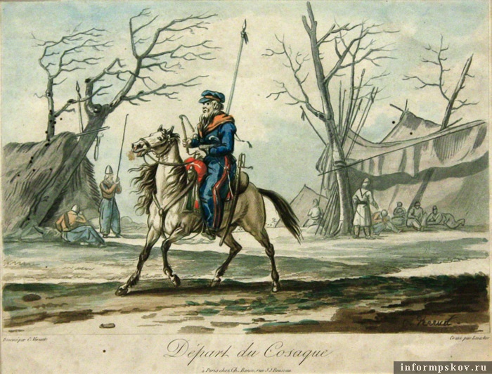Отъезд казака. Франция. Оригинал и рисунок C.Vernet. Гравюра.
