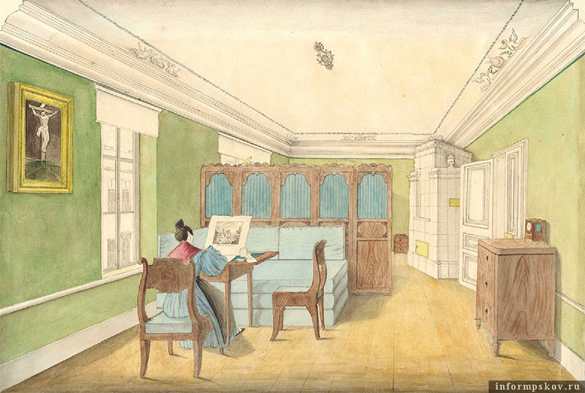Неизвестный художник. Интерьер с рисующей дамой (1820—1830). Из фондов музея-заповедника «Михайловское».