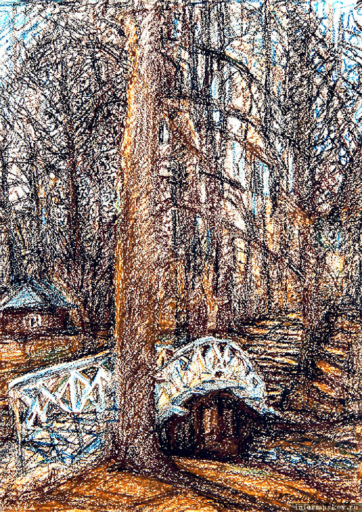 Лариса Антонова. К усадьбе. Мостик. Из серии «Прогулка по Михайловскому» (2019). Из фондов Пушкинского заповедника