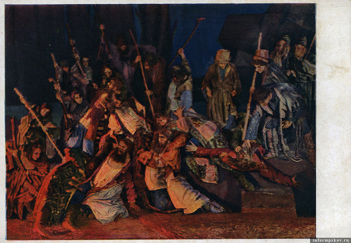 Сцена из оперы «Борис Годунов» (лес под Кромами) на постовой карточке 1936 года. Из фондов «Михайловского»