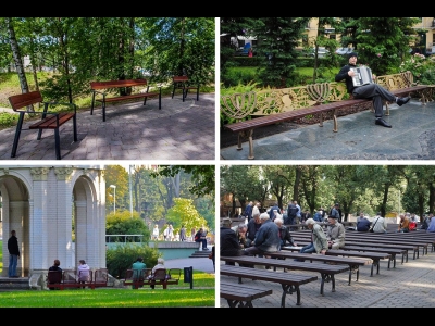 Рига (Латвия). На фото с музыкантом - скамейка-памятник в честь первых садоводов