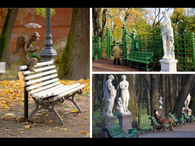 Скамейка с ангелом в Измайловском саду и скамейки в Летнем саду Петербурга