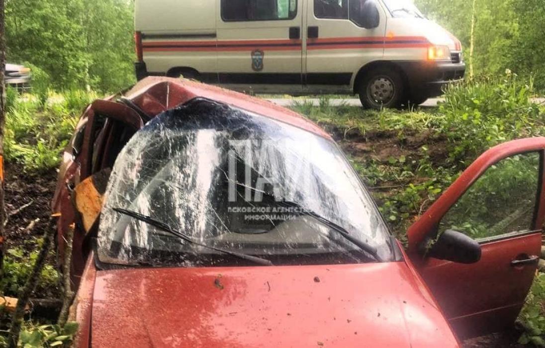 Автомобиль слетел в кювет и врезался в дерево в Псковском районе