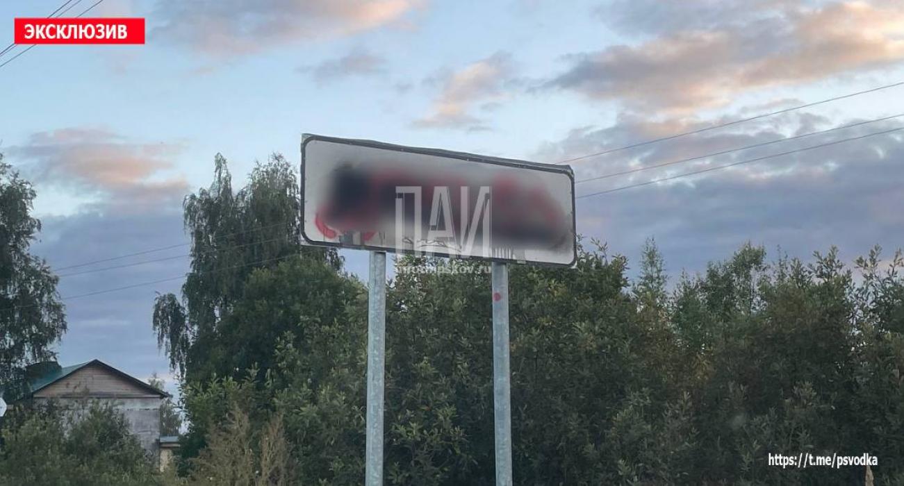 Фото с места повреждения дорожных знаков в деревне Дуброво Псковского района