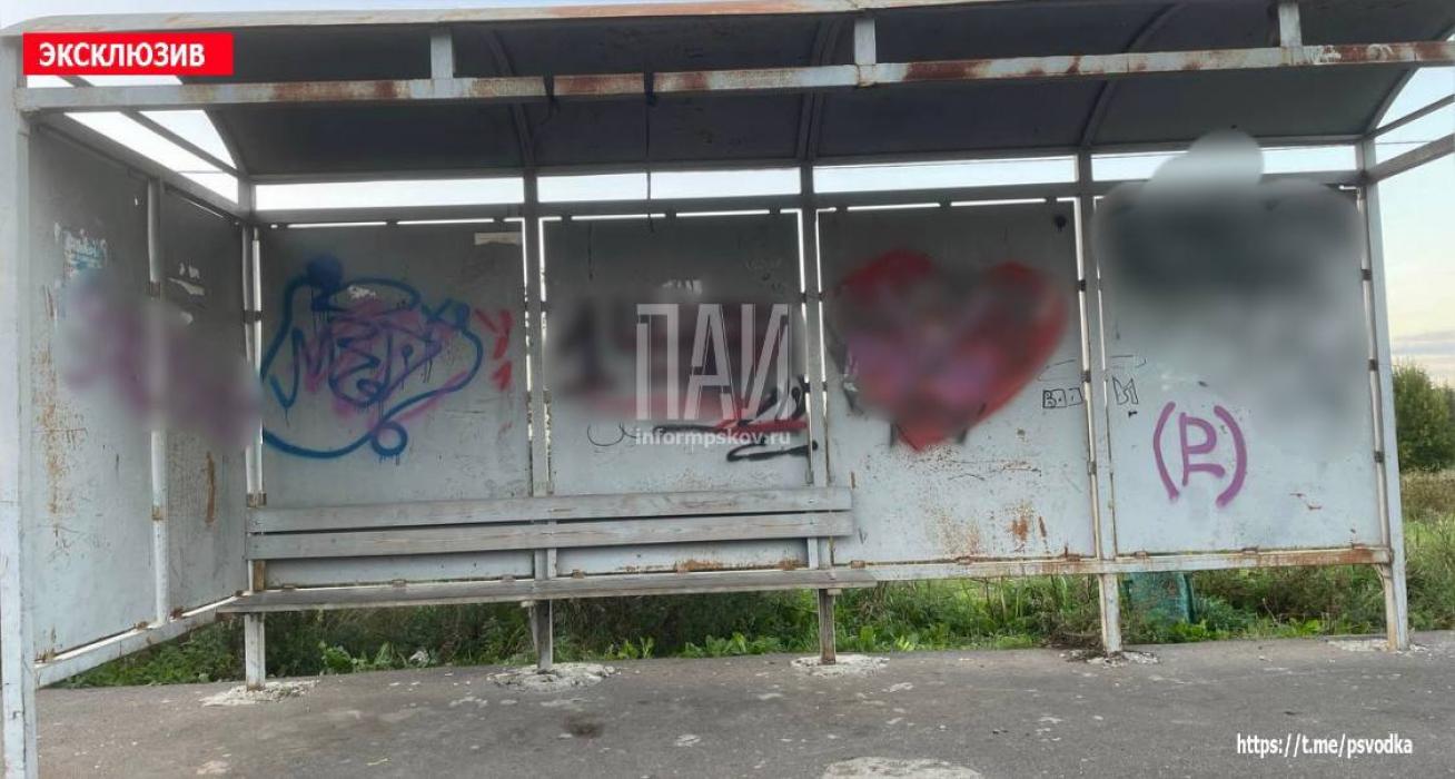 Фото с места повреждения дорожных знаков в деревне Дуброво Псковского района