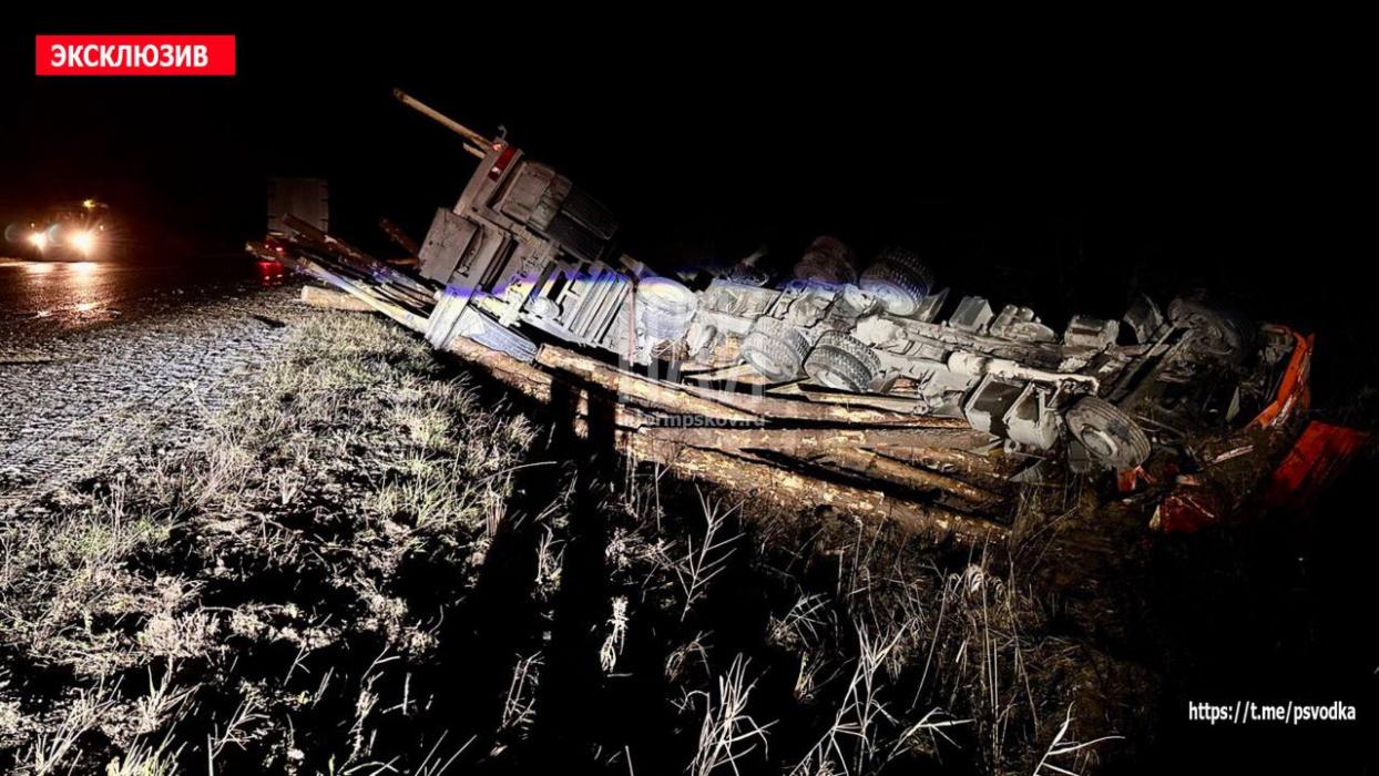 Лесовоз вылетел в кювет после столкновения с большегрузом в Великолукском районе