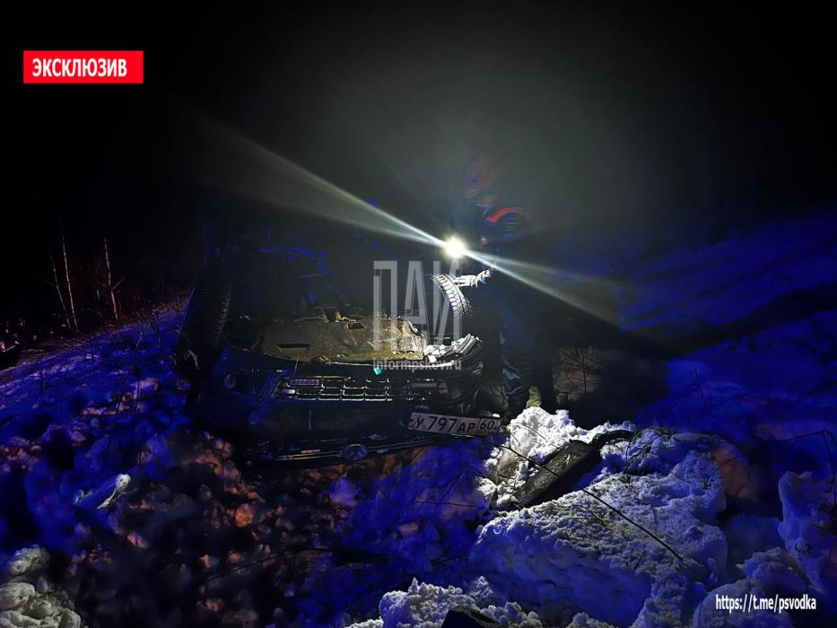 Автомобиль вылетел в кювет и опрокинулся на трассе в Великолукском районе