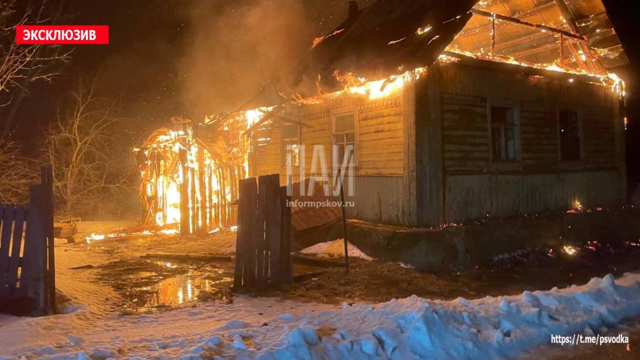 Заброшенный дом загорелся в Псковском районе