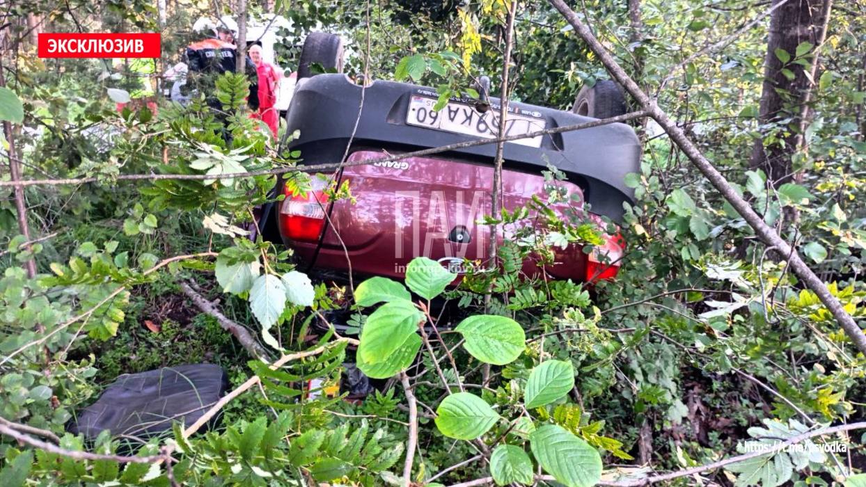 В Псковском районе автомобиль Lada Granta съехал с дороги и опрокинулся