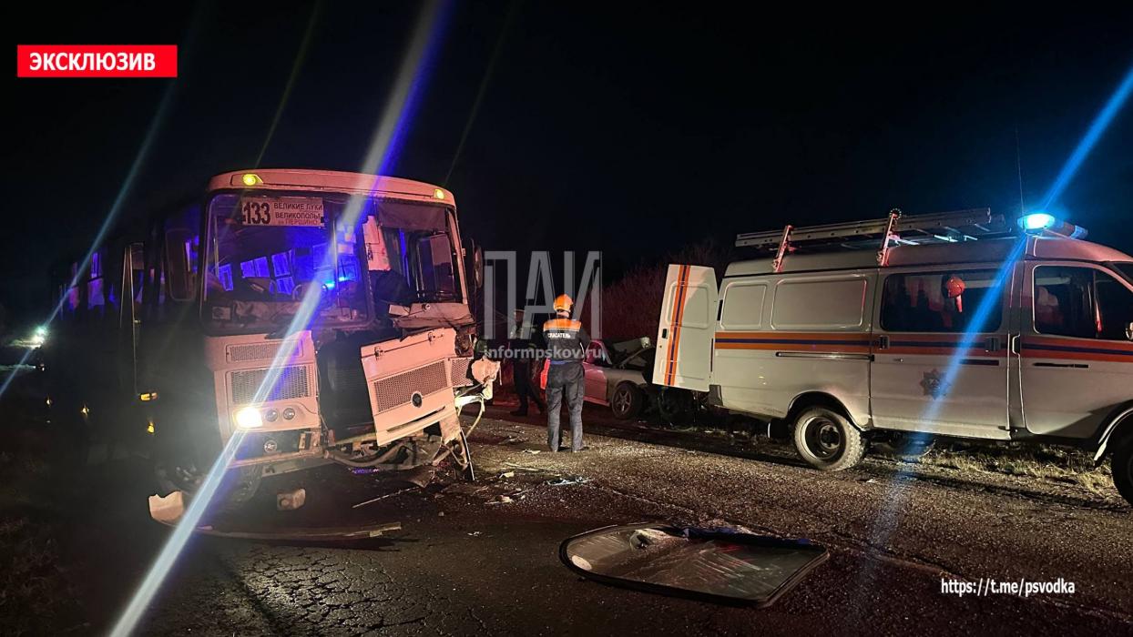 Автобус и легковой автомобиль столкнулись в Великолукском районе