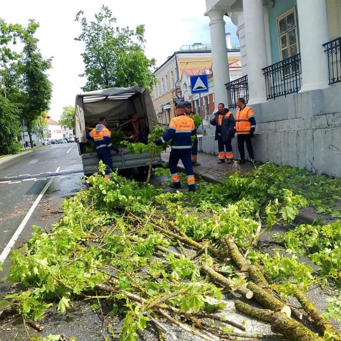 Усиленный ветер с ливнем бушует по Пскову